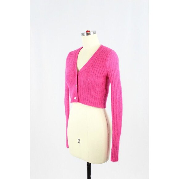 ZARA Hot Pink Wool Alpaca Ribbed Knit V-Neck Cropped Cardigan Sweater, Size S - Picture 4 of 10
